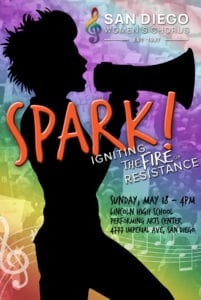 San Diego Women's Chorus concert banner for their event titled 'SPARK! Igniting the Fire of Resistance.' The design features a silhouette of a person with a loud speaker microphone over a bold, rainbow colored background. The word 'SPARK!' is written in large, bold and edgy orange letters across the image, and the subtitle 'Igniting the Fire of Resistance' is below in a smaller size. The San Diego Women's Chorus logo is positioned in the upper right corner. The date and venue details are displayed below, promoting the upcoming performance.